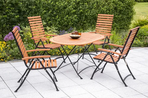 MERXX Garten-Essgruppe Schlossgarten braun - Gartenmöbel-Set mit 4 verstellbaren Stühlen und ovalem Tisch aus robustem Eukalyptus, ideal für gesellige Abende im Freien.
