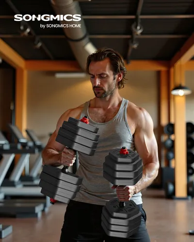 SONGMICS Hantel-Set mit Verbindungsstange - Hantelset für Workout und Fitnesstraining, verwandelt einfach in eine Langhantel und bietet durch verschiedene Gewichte ein individuelles Trainingserlebnis.