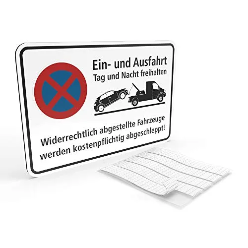 Betriebsausstattung24® Hinweisschild Ein- und Ausfahrt Tag und Nacht freihalten - Falschparker werden abgeschleppt | BxH 30,0 x 20,0 cm | Aluminium Verbundplatte | Weiß