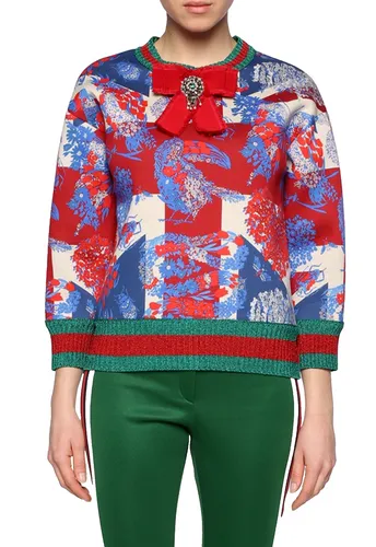 GUCCI GG Web Stripes Patterned Crystal Bow Pullover Sweater Jumper Sweatshirt M