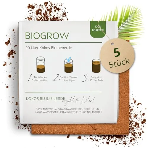 Bio Kokoserde gepresst im Quellbeutel - Biologisch abbaubare, torffreie Anzuchterde aus 100% Kokosfasern (10 Liter, 5 Stück)