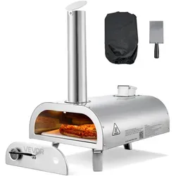 VEVOR Pizzaofen Outdoor 12 Zoll Pellet-Pizzaofen, tragbarer Pizzaofen mit eingebautem Thermometer & holzbefeuerter & Pizzastein & Schaufel & Tragetasche Pizzamaker aus Edelstahl, für Garten Camping
