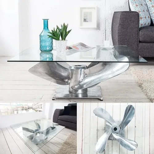 LEBENSwohnART Design Couchtisch ELICA 70cm Silber - Beistelltisch aus handgefertigtem Aluminium in Form einer Schiffsschraube mit eleganter Glasplatte. Ideal für ein maritimes Flair im Wohnzimmer. Maße: 70 x 35 x 70 cm (BxHxT).