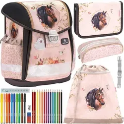 Belmil Schulranzen Set Classy Horse Chestnut 5-teilig – für Mädchen - Praktisches 5-teiliges Schulranzen Set von Belmil im eleganten Design mit einzigartigen Stickereien und Glitzerdetails. Ergonomisch geformt für optimalen Tragekomfort in der Grundschule.