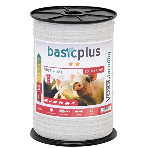 VOSS.farming 2500m Weidezaunband, 10mm, 4x0,16mm NIRO, Weiß, Band-Verbinder, Warnschild Elektrozaun Weideband Pferde, Ponys, Rinder, Hunde, Schweine Band