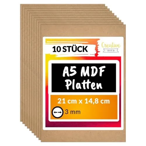Creative Deco 10 x A5 MDF Platten | 148 x 210 x 3 mm | Dünne Holz-platten | Perfekt für Laser, CNC Router, Modellierung, Durchbrochenes, Laubsäge