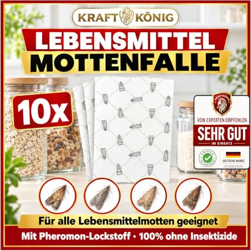 KRAFTKÖNIG Lebensmittelmotten Falle 10 Stück – für Küche & Vorratsschrank | Geruchlose Pheromon-Klebefallen mit maximaler Lockwirkung und Langzeitwirkung; Mottenfalle Lebensmittel gegen Motten