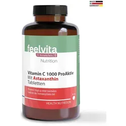 Genius Feelvita Nutrition Vitamin C 1000 ProAktiv Kapseln mit Astaxanthin – 180 Stück - Die 180 Kapseln bieten eine praktische und langanhaltende Zufuhr von Vitamin C. Ideal für den täglichen Gebrauch, unterstützt es die normale Funktion des Immunsystems und trägt zu einem aktiven Lebensstil bei.