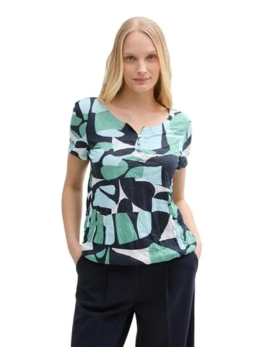 TOM TAILOR Damen T-Shirt mit All-Over Print - Stylisches T-Shirt in Größe XS (34) mit grünem Punkte- und Formen-Design. Aus fließender Viskose für hohen Tragekomfort, ideal für lässige Outfits.