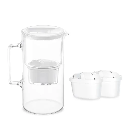 Wessper Wasserfilter Kanne Glas 3 L, Set Wasserkanne und 2 Filterkartuschen, Kompatibel mit Brita Maxtra, Wasserkaraffe für Trinkwasser mit Ersatz Filter - Weiß