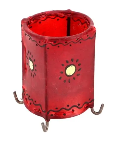 GURU SHOP Orientalisches Teelicht Henna - Modell 2 Rot, Leder, 13x9x9 cm
