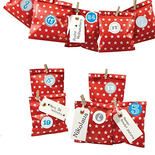Frau WUNDERVoll® DIY Adventskalender zum Befüllen Bescherung: Set Stern 130, Papiertueten flach 13x16,5cm, rot Stern, Ziffern blau