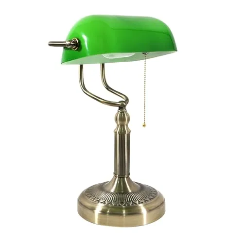 Fynokst Grüne Banker-Tischlampe aus Glas – Klassische Retro-Tischlampe mit Stecker und Bronzesockel, Zugkettenschalter, geeignet für Büro, Bibliothek, Arbeitszimmer, Homeoffice, Schlafzimmer