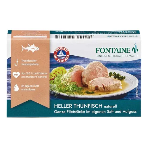Fontaine Heller Thunfisch naturell - Nachhaltig gefangen - Fisch & Meeresfrüchte - Nachhaltig gefangener Thunfisch, verfeinert mit Bio-Zutaten und frei von Zusatzstoffen, ideal für gesunde Mahlzeiten.