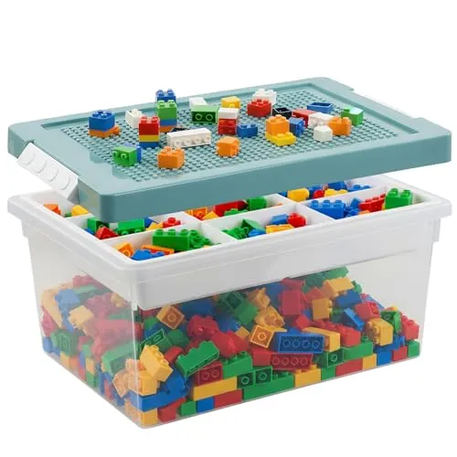 Ziyonix Aufbewahrungsboxen mit Deckel für Lego, Bausteine Boxen Aufbewahrung Spielzeugkiste mit Gebäude Grundplatte Deckel und Abnehmbarem Tablett Transparent für Blöcke