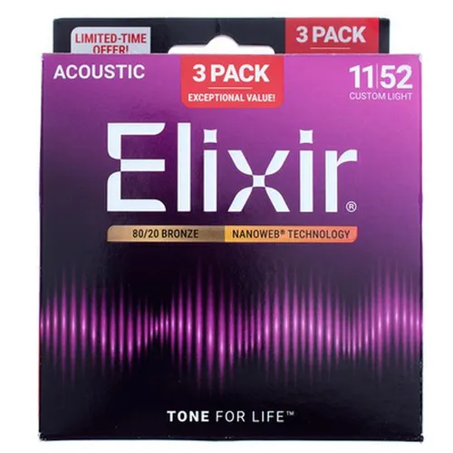 Elixir Nanoweb Custom Light Akustik-Saiten 3P - Zubehör für Gitarre & Bass, 3er Bonus Pack mit Nanoweb Akustik 80/20 Bronze Saiten für klaren Klang und lange Lebensdauer.
