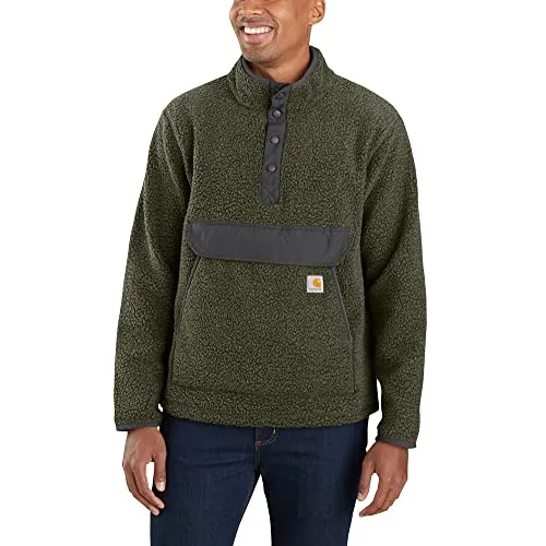 Carhartt Relaxed Fit Fleece-Pullover - Dunkelgrün - L - Outdoor Fleecejacken für Herren, entspannte Passform aus warmem Sherpa-Fleece, ideal für kühle Tage mit praktischer Kängurutasche und stylischem Stehkragen.