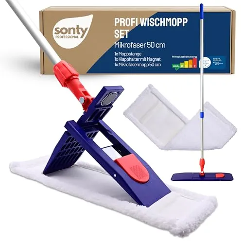SONTY Profi Wischmopp 50 cm Set – Bodenwischer mit Magnet Klapphalter, 50 cm Microfaser Wischbezug & verstellbarem Alu Moppstange | Wischmop für Gewerbe, Gastro, Haushalt & Hartböden