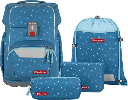 Step by Step Basis Schulranzen-Set „Blue Hearts“, 4-teilig - Schulranzen-Set für Kinder ab der 1. Klasse, ergonomisch und leicht, mit Reflektoren für Sicherheit und individuell gestaltbare MAGIC MAGS für persönlichen Stil.