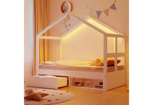 Redom Kinderbett mit LED-Beleuchtung, Weiß, 90x190 cm - Hausförmiges Kinderbett in Weiß mit mehrfarbiger LED-Beleuchtung und praktischer Aufbewahrungsschublade. Ideal für kleine Räume und sorgt für eine gemütliche Atmosphäre im Kinderzimmer.