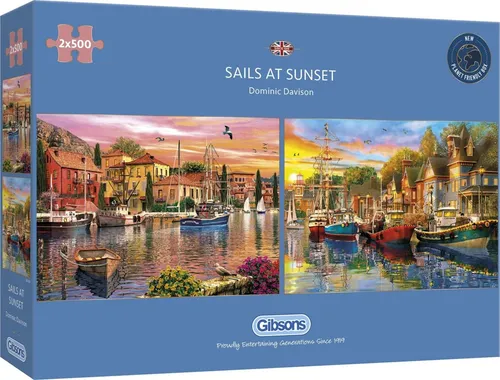 GIBSONS Segelboot bei Sonnenuntergang Puzzle 2x500 Teile - Klassische Puzzles mit 2x500 Teilen, kunstvoll bemalt von Dominic Davison und aus 100% recyceltem Material, ideal für entspannende Stunden.