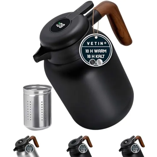 VETIN Thermoskanne mit Teesieb 1,5l – Isolierkanne aus 304 Edelstahl mit Temperaturanzeige (Schwarz)