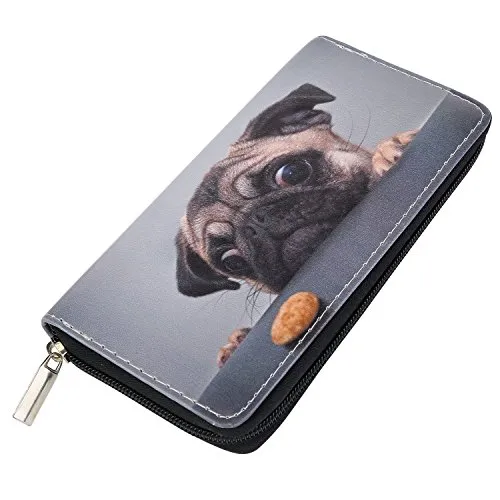 DonDon Geldbörse Damen mit Reißverschluss Portemonnaie Geldbeutel Damen Kinder Mädchen Muster Mops Hund mit Keks schwarz