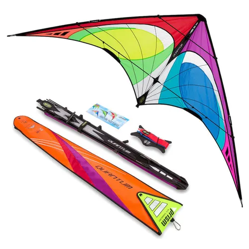 Prism Kite Technology Quantum 2.0 Spectrum Dual Line Stunt Kite - Drachen mit 2,1 m Spannweite für fortgeschrittene Tricks. Verbesserte Flügelform und Wirbelsäulen-Stoßdämpfer-System bieten Stabilität und Präzision. Ideal für Windbedingungen und schnelle Zaumzeugverstellung.