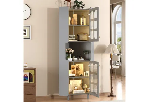 REDOM Multifunktionale Ecken-Kommode mit LED-Beleuchtung, 3-Zonen-Aufbewahrung, Grau - Elegante Ecken-Kommode mit hochwertiger Lackoberfläche und durchdachtem Stauraumkonzept. Integrierte LED-Beleuchtung, die per App steuerbar ist, sorgt für stimmungsvolles Licht in jedem Raum.