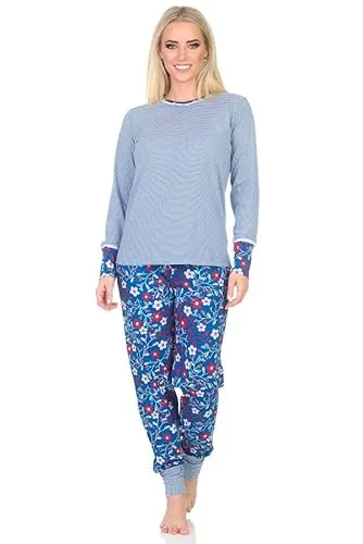 Normann Damen Schlafanzug mit Bündchen, Oberteil gestreift - auch in Übergrößen, Farbe:Marine, Größe:60-62