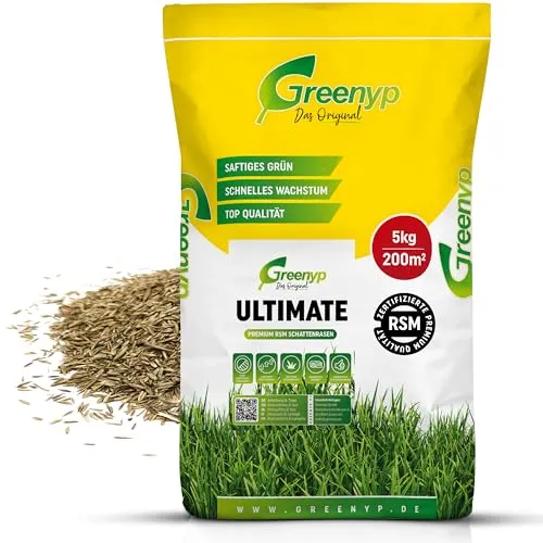 Greenyp® Ultimate I Premium RSM Schattenrasen mit 100% RSM Gräsern I 5kg für 200m² I Nachsaat Grassamen Rasensamen Rasensaat Gras für schattige & trockene Standorte