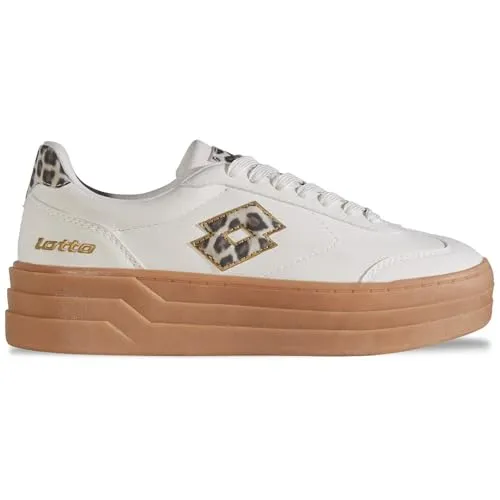Lotto Damen STACKY AN Women Sneaker, Offwhite/Leo, 38 EU - Damen-Sneaker im angesagten Leo Look, hochwertig und bequem, perfekt mit honigfarbener Plateau-Sohle und goldfarbenen Details für trendige urbanen Styles.