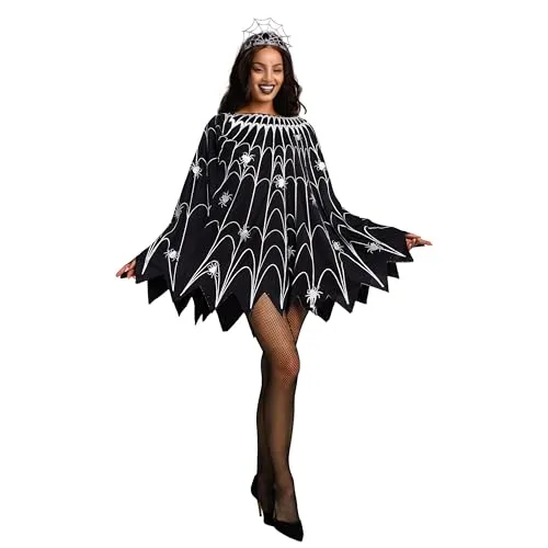 Spooktacular Creations Spinnennetz Kleid Poncho Kostüm mit Glow-Effekt und Krone für Damen Halloween Dress Up Party (Standard)
