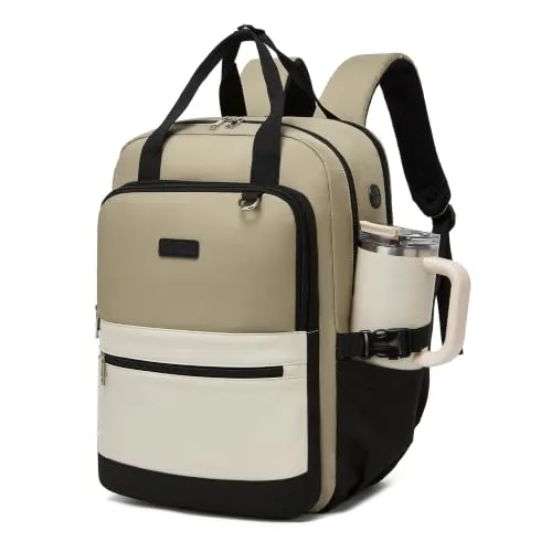 KONO Laptop Rucksack 15,6 Zoll Khaki/Beige – 2 in 1 mit Anti-Diebstahl-Fach