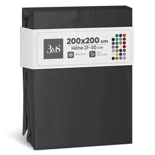 Bettwaesche-mit-Stil Mako Satin Spannbettlaken Spannlaken Spannbetttuch (200 cm x 200 cm, Matratzenhhöhe 21-30cm, Anthrazit)