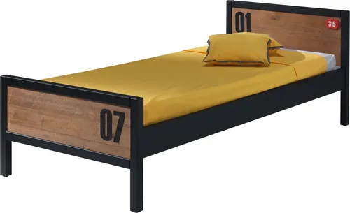Einzelbett Kameko 90x200 cm in Schwarz/Cognac - Modernes Einzelbett Kameko aus MDF und Massivholz. Stabile Konstruktion mit einer Liegefläche von 90x200 cm. Ideal für Kinderzimmer, einfache Selbstmontage dank beiliegender Anleitung.