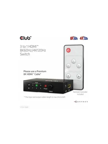 Club3D HDMI Switchbox 3 Eingänge -> 1 Ausgang 8K60Hz UHD - Umschalter für 3 Geräte, bietet beeindruckende 8K60Hz UHD-Qualität und erleichtert den Wechsel zwischen HDMI-Quellen.