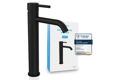 Bächlein Badarmatur Susara hoch - Matt Schwarz - Waschraumarmatur mit langlebiger Keramikkartusche für seidenweiches Öffnen und Schließen. Komplettset mit DVGW-geprüften Anschlussschläuchen und Montage-Set!