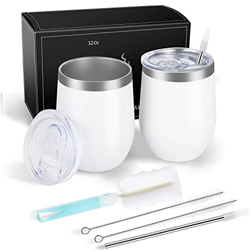 Joymaking 2 Stück Weinbecher Edelstahl, Stemless Weinbecher mit Deckel, Doppelwandige Unbreakable Travel Becher für Milk, Kaffee, Wein, Bier, Champagner, Cocktails, Weiß