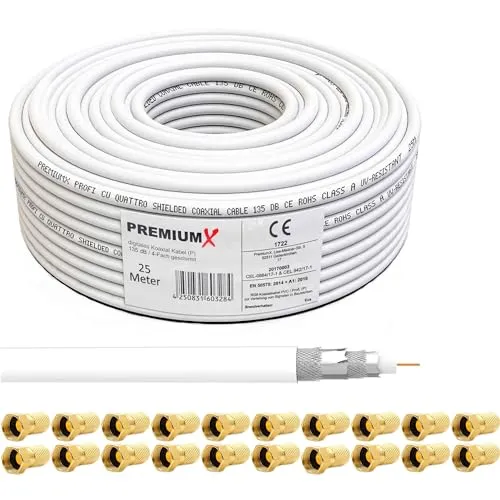 Meter PremiumX DELUXE Koaxial Kabel 135dB 4-Fach, Innenleiter 1,02mm REINES Kupfer SAT Antennenkabel 20x F-Stecker (0,72EUR/M) 25