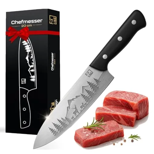 FIXLINE® Chefmesser 20cm BLACK FOREST Edition – Allrounder für die Küche - Präzises 20 cm Kochmesser aus rostfreiem Edelstahl mit elegantem Black-Forest-Design. Ideal für Fleisch, Gemüse und Fisch – für müheloses Schneiden und langanhaltende Schärfe.