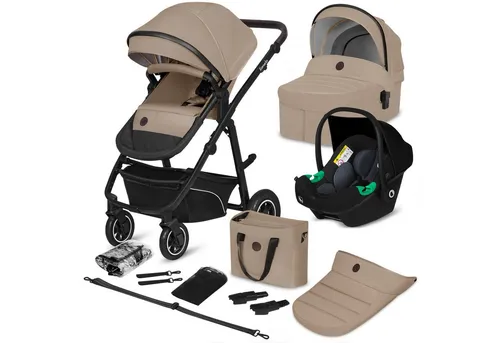 lionelo Kombi-Kinderwagen BIANKA 3 IN 1, Beige Sand - 3-in-1 Kinderwagen-Set mit aufblasbaren Rädern, 5-Punkt-Sicherheitsgurten und waschbarem Bezug, ideal für Familien mit kleinen Kindern.