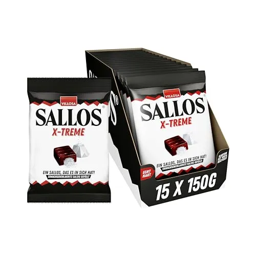 SALLOS X-treme Vorrats-Pack – Lakritz-Bonbons mit Salmiaksalz-Füllung, aus natürlichem Süßholzsaft, würzig-salzige Lakritz-Kombination, vegan, im Vorrats-Pack, 15 x 150 g