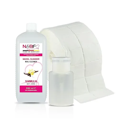 NAILS FACTORY Nagel Cleaner Set mit Duft 500ml + Dispenser Pumpflasche Weiss 150ml + 1000 Zelletten Cellulose Pads (2 Rollen à 500 Stück) - 70% Isopropanol-Alkohol – für Gelnägel – (Vanille)