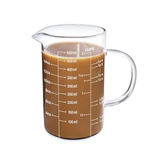 77L Messbecher Glas, [Wärmeisolierter Griff, V-förmiger Ausguss, Drei Skalen], Messbecher hochborosilikatischem Glas, Geeignet Für Küche Oder Esszimmer, Gut Ablesbar, 500 ml (0,5 Liter, 2 Tassen)