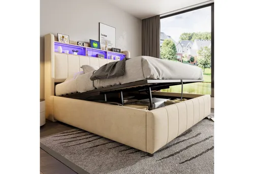 Flieks Polsterbett, LED hydraulisches Doppelbett 160x200cm mit USB-Aufladen und Stauraum