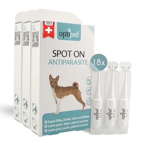 Optipet Spot On für Hunde 18x1,5ml Pipetten - Hochwirksames Zecken- und Flohmittel für Hunde, schützt bis zu 24 Wochen vor Parasitenbefall mit einer speziellen Wirkstoffkombination aus Lavendel und Geraniol. Einfache Anwendung für eine sorgenfreie Tierpflege.