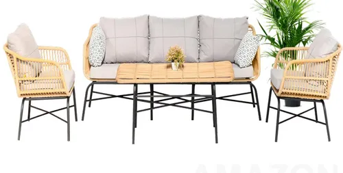 GartenMöbel Lounge Set Dreisitzer Sofa mit Sessel und Esstisch - Modernes 4-teiliges Lounge Set aus Metall und Rattan in Beige. Ideal für bis zu 5 Personen, inklusive Kissen für zusätzlichen Komfort. Perfekt für entspannte Stunden im Freien.