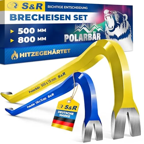 S&R Professional Brecheisen Set 2-tlg - Nagel- & Brecheisen Set mit zwei geschmiedeten Brechstangen (500 x 16 mm, 800 x 18 mm), ideal für kraftvolle Abriss- und Aufbrecharbeiten – perfekt für Profis und Heimwerker!