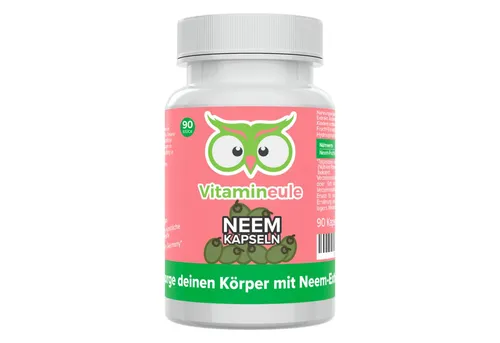 Vitamineule Neem Kapseln - 400 mg 4:1 Frucht-Extrakt - Natürliche Nahrungsergänzungsmittel mit 90 veganen Neem Kapseln, hergestellt in Deutschland und geeignet für Erwachsene und Kinder. 60 Tage Zufriedenheitsgarantie!